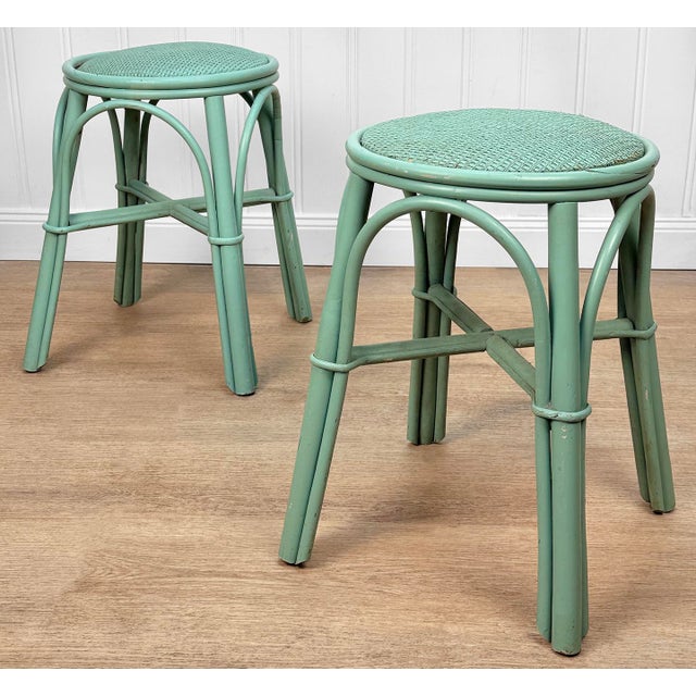 1970s Vintage Coastal Rattan Turquoise Round Wicker Stools - A Pair For Sale - Image 5 of 13