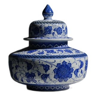Handmade Ceramic Oversized Squat Lidded Vase – Wide “Potiche” Form with Blue & White Baba Nakkas Floral Design For Sale