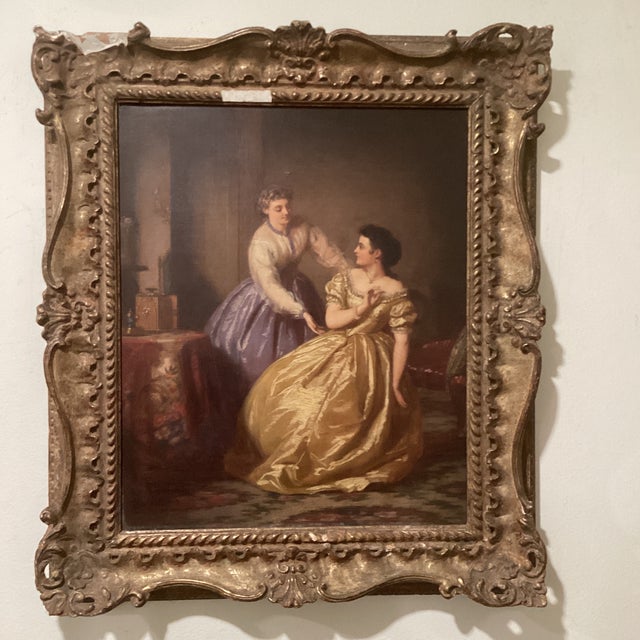 Antique Painting on Canvas Interior Scene With Two Women For Sale - Image 9 of 12