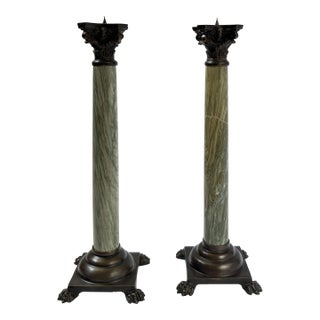 Neoclassical Bronze and Green Marble Candlestick (Pair) For Sale