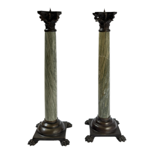 Neoclassical Bronze and Green Marble Candlestick (Pair)