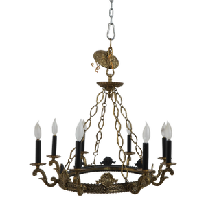 French Empire 8 Arm Black & Brass Hanging Chandelier