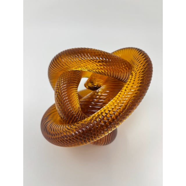 Signed Amber & Cognac Art Glass Infinity Knot Sculpture, Serpentine Texture For Sale - Image 4 of 17