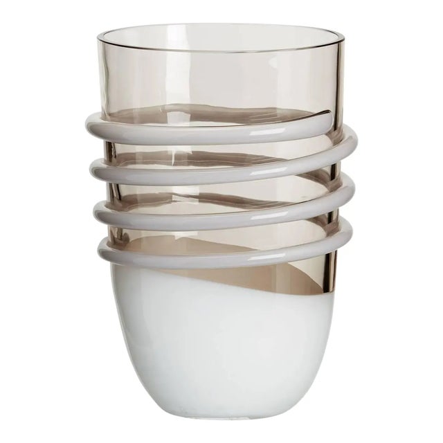 Carlo Moretti Chica contemporary mouth blown Murano glass vase in light beige clear glass with opaque white base and swirl...