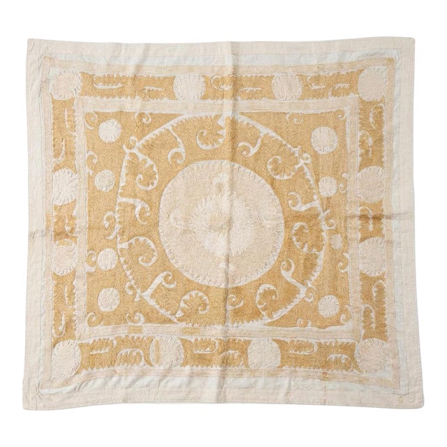 Neutral Tan Uzbekistan Suzani Tablecloth For Sale