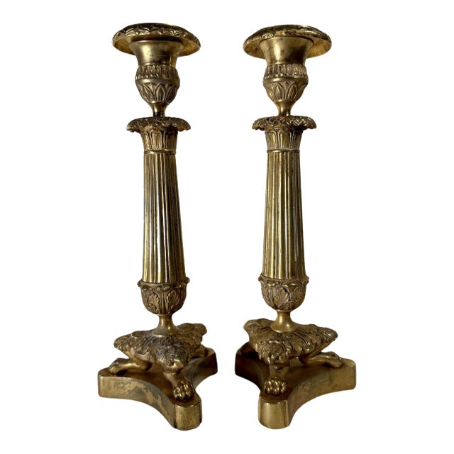 Antique Pair French Neoclassical Ormolu Bronze Candlesticks For Sale