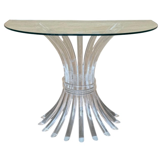Mid 20th Century Demilune Console Table with Pedestal Lucite Base and Clear top Glass For Sale - Image 15 of 18