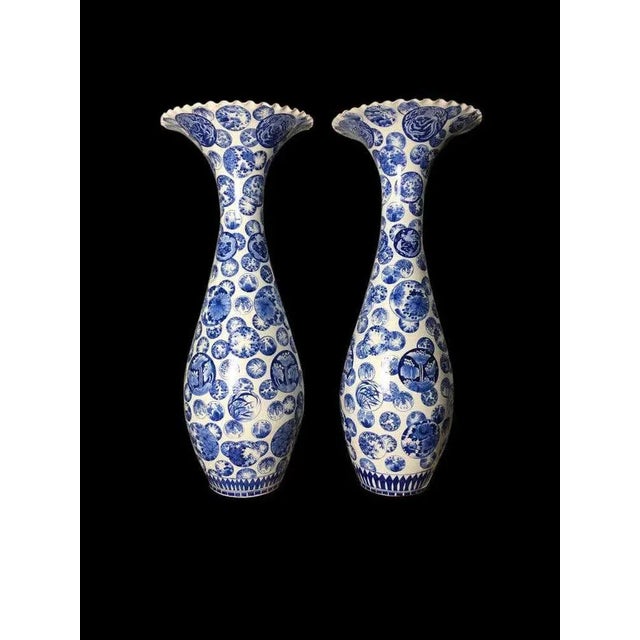 Large Japanese Decorative Blue and White Porcelain Vases, Set of 2 For Sale - Image 3 of 14