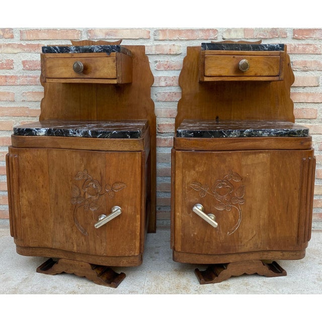 Art Nouveau Style Carved Nightstands or Bedside Tables with Marble Top, 1930, A Pair For Sale - Image 17 of 18