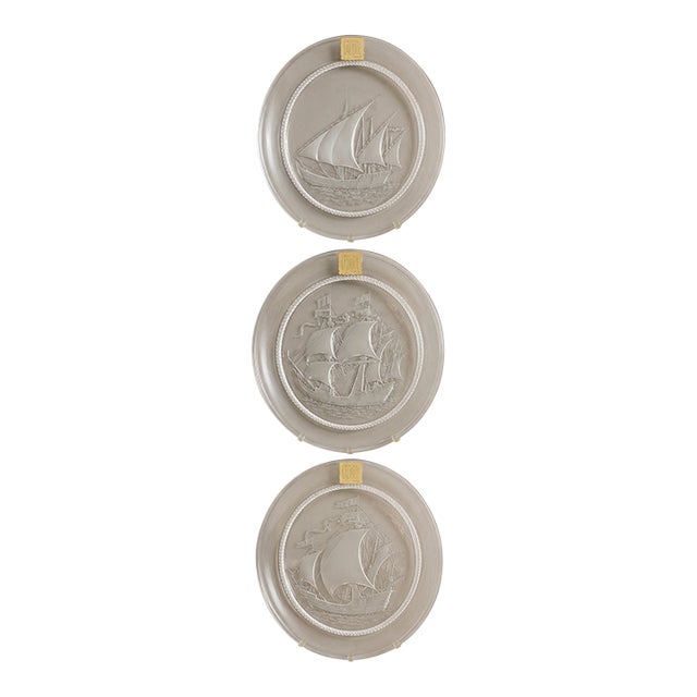Vintage Lalique France Crystal Sailing Ship Plates, Set of 3 For Sale