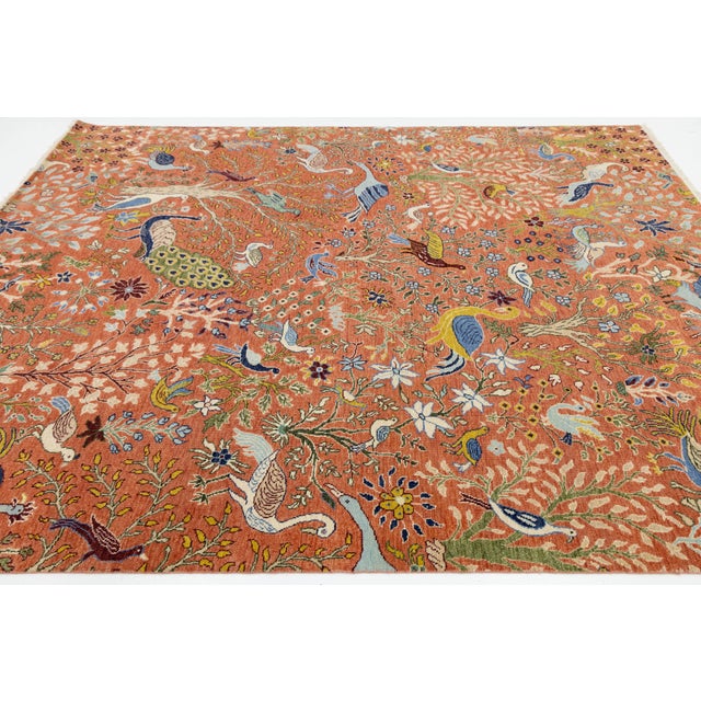 Blue Modern Indian Hand-Knotted Wool Rug – Rust & Blue Tree of Life For Sale - Image 8 of 10