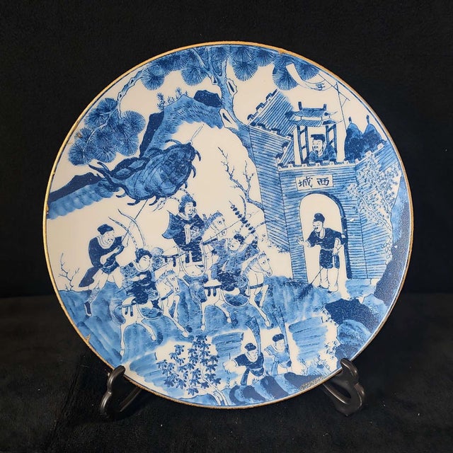 Chinese Ceramic Plate,Qianlong Marked Blue and White Porcelain Plate Hand Painted Figures Story Pattern For Sale - Image 4 of 11