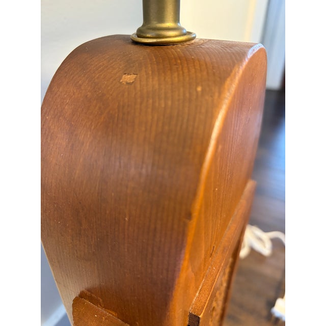 Vintage Wood & Cane Table Lamp With Rectangular Shade For Sale - Image 4 of 6