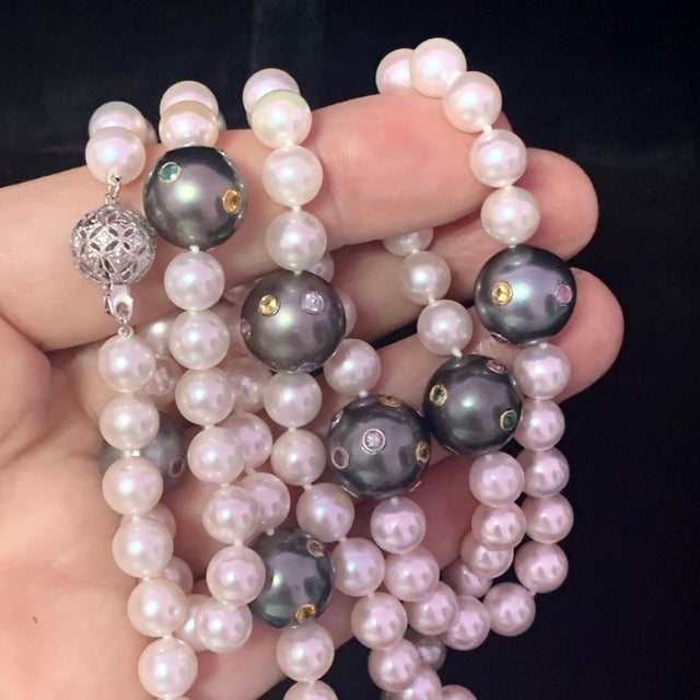2010s Akoya Tahitian Pearl Diamond Sapphire Necklace 14k Gold Certified For Sale - Image 5 of 16