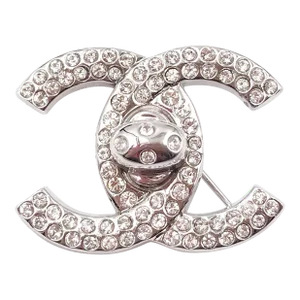 Vintage Chanel Silver CC Crystal Turnlock Brooch