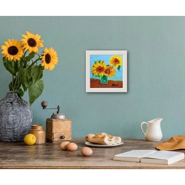 Quiet Places & Still Life — Sunflowers Original oil painting by L Haas, 6 x 6 unframed masonite panel, signed. Warm yellow...
