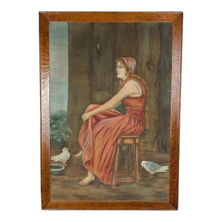 Antique Realism "Women in Pink Dress W/ Forest Doves" Oil on Canvas Painting For Sale