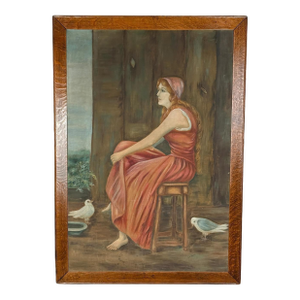 Antique Realism "Women in Pink Dress W/ Forest Doves" Oil on Canvas Painting