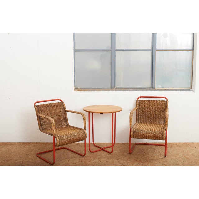 Side Table with Armchairs in Red Lacquered Tubular Steel, 1920s, Set of 3 For Sale - Image 18 of 18