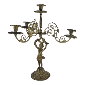 Early 20th Century Antique Victorian Cherub Candelabra Brass Cast Metal Ornate Arms Art Noveau