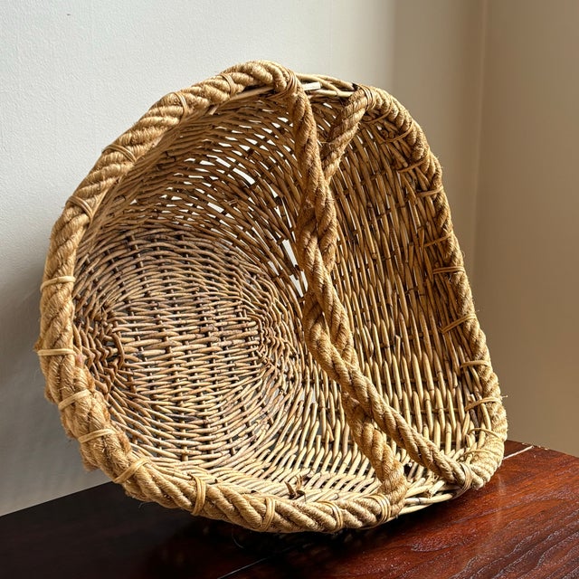 Wood Large Mid-20th Century Rustic European Rope Handled Basket For Sale - Image 7 of 12