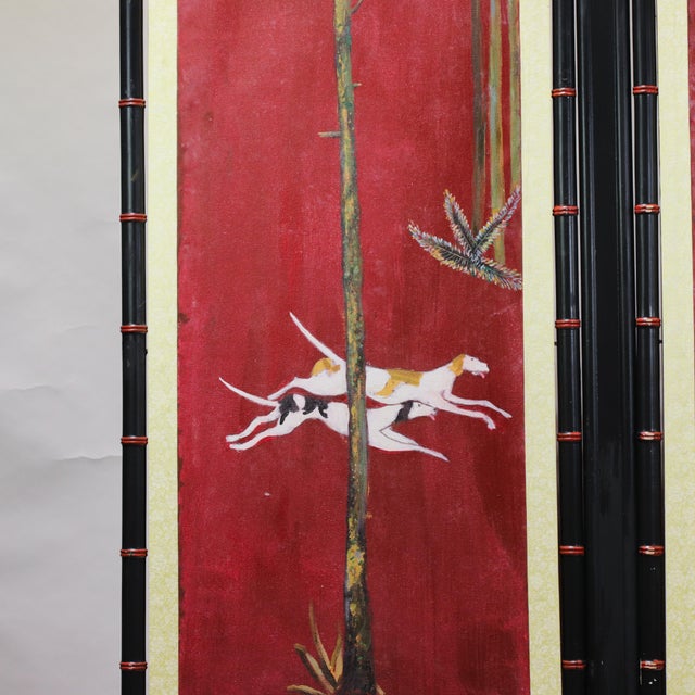 Vintage Chinoiserie Four-Panel Folding Screen – Hand-Painted English Hunting Scene With Black Faux Bamboo Frame For Sale - Image 15 of 17