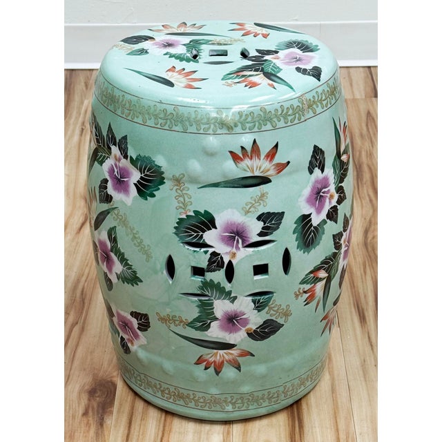 Mid 20th Century Vintage Chinoiserie Mint Green Floral Motif Garden Stool For Sale - Image 5 of 9