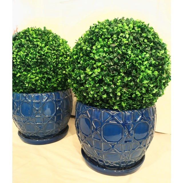 Huge Navy Blue Trellis Pattern Palm Beach Regency Glazed Ceramic Large