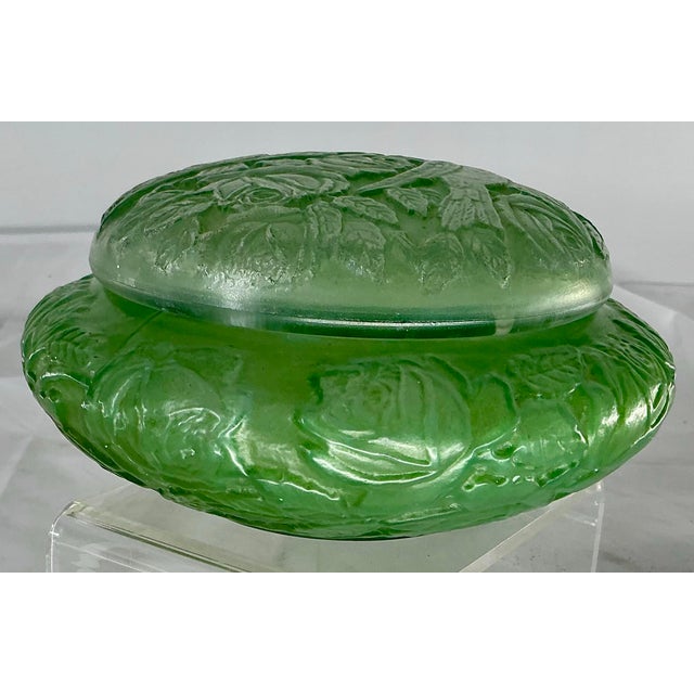 1930s Antique Consolidated Lamp and Glass Co. Powder Jar/ Dresser Box With Hummingbirds and Roses. For Sale - Image 5 of 12