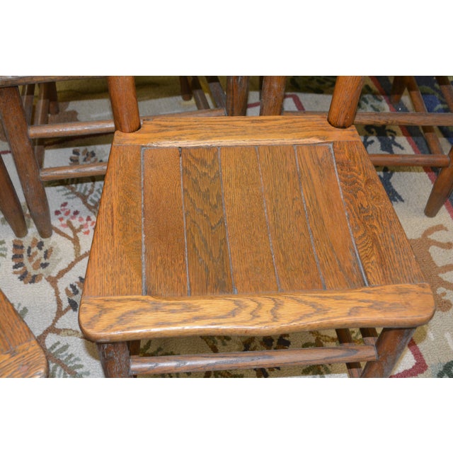 Vintage Set X 6 English Oak Tavern Slatted / Shaped Seat Ladder Back Dining Chairs For Sale - Image 4 of 16