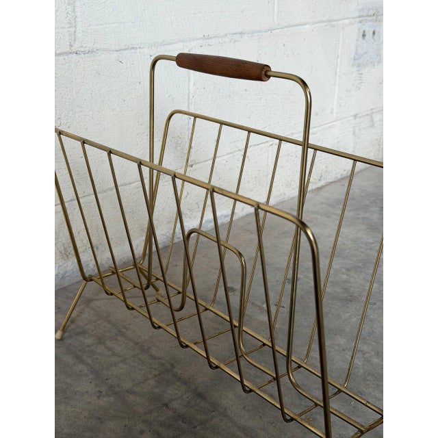 Brass Wire Magazine Holder With Wood Handle Mid-Century Modern 1960s For Sale In Los Angeles - Image 6 of 10