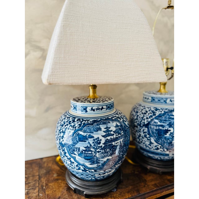 Ceramic Vintage Chinoiserie Blue and White Ginger Jar Pagoda Lamps - A Pair For Sale - Image 7 of 12