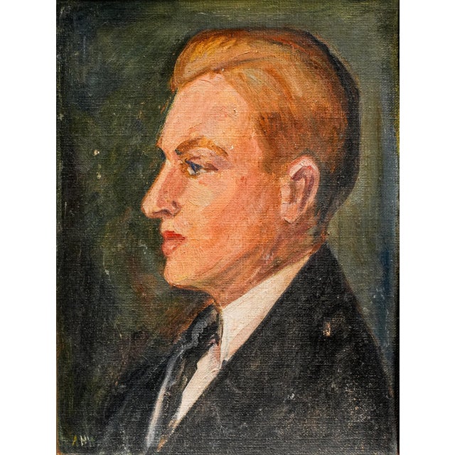 Art Deco Art Deco Era Antique Oil Painting Profile Portrait of Young Man in Suit Framed For Sale - Image 3 of 12