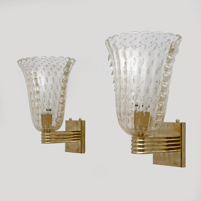 Art Deco Style Brass and Pulegoso Murano Glass Sconces by Barovier & Toso, 1990, Set of 2 For Sale - Image 4 of 8