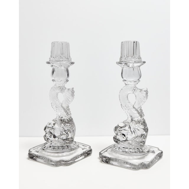 Cambridge Dolphin Fish Clear Glass Candlesticks For Sale - Image 11 of 18