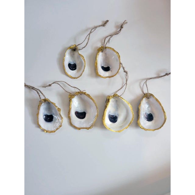 White Contemporary Gilded Rimmed Oyster Shell Ornaments- Set of 6 For Sale - Image 8 of 8