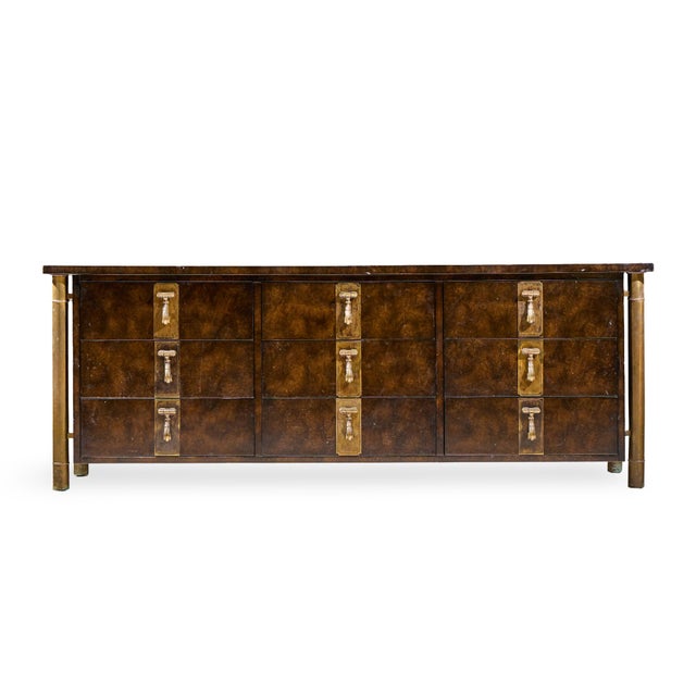 Bernhard Rohne for Mastercraft Mid Century Burlwood and Brass Lowboy Dresser This lowboy measures: 84 wide x 20 deep x 31...