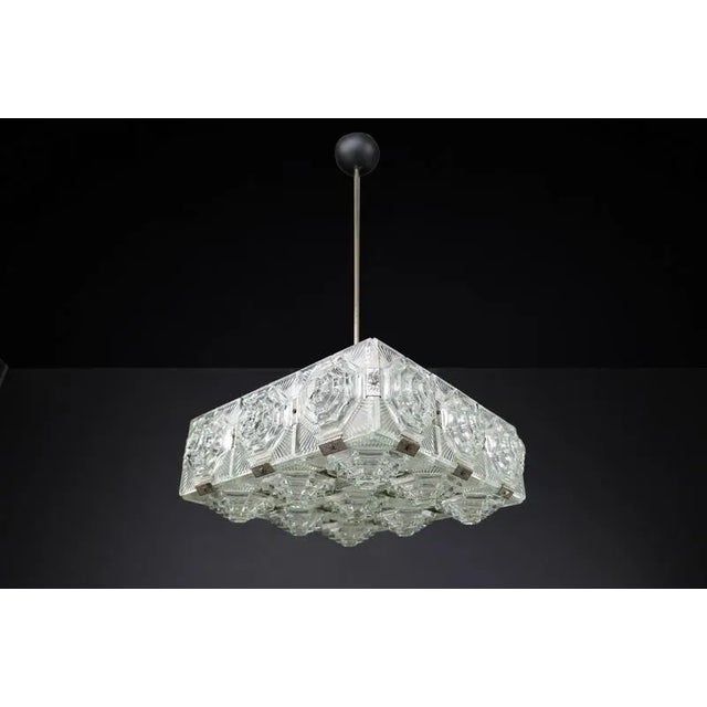 Bohemian mid-century modern glass & chrome chandelier, czechoslovakia, 1970s – 21 glass elements, restored (12+ available,...