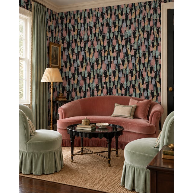 Chinoiserie Tassel Trellis Grasscloth Wallpaper by House Party | Black Lacquer | 8 Yards For Sale - Image 3 of 11