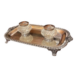 19th Century Sheffield Pen Tray With Crystal Inkwells - 3 Pieces For Sale
