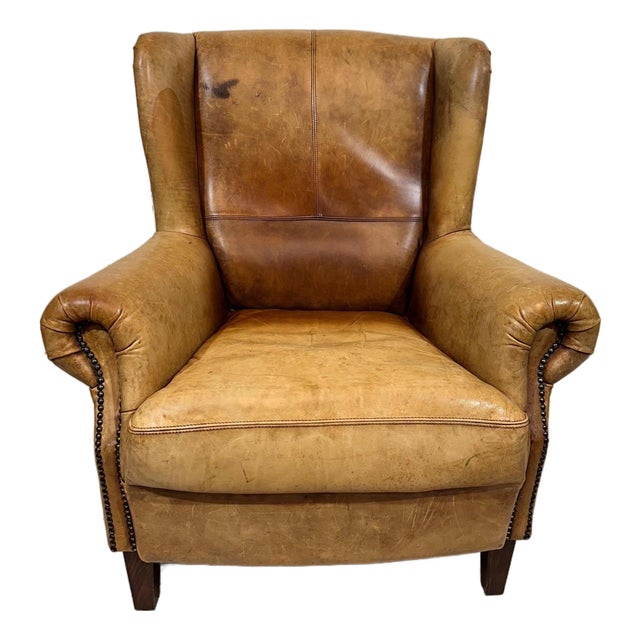 Vintage Leather Hotel Wingback Lounge Armchair, 1980 For Sale