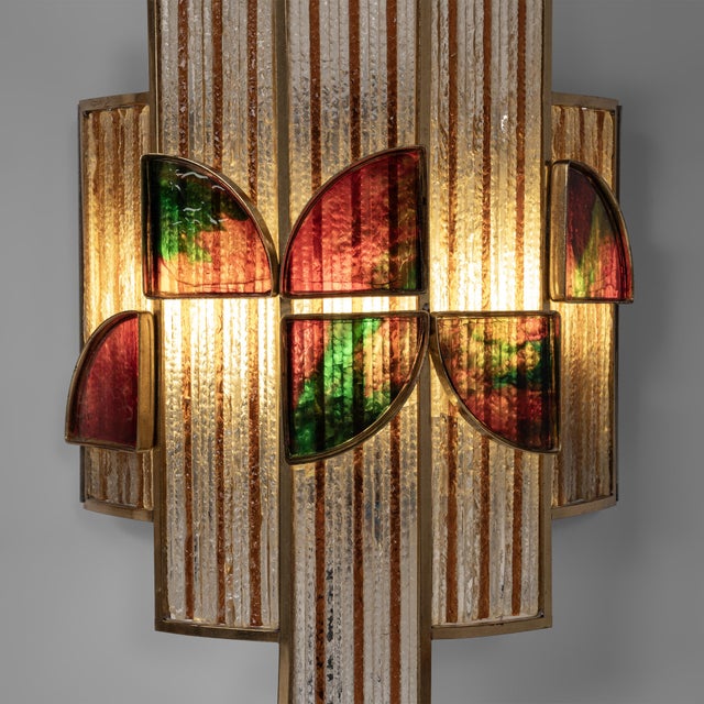 Glass Colored Glass and Brass Wall Lamp attributed to Albano Poli, Italy, 1960s, Set of 2 For Sale - Image 7 of 9