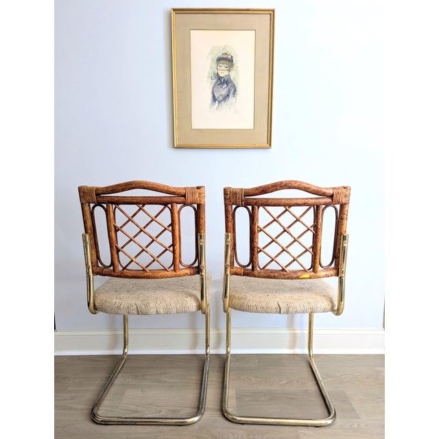 Hollywood Regency 1980s Rattan and Brass Cantilever Chairs - A Pair by Cramco For Sale - Image 3 of 17