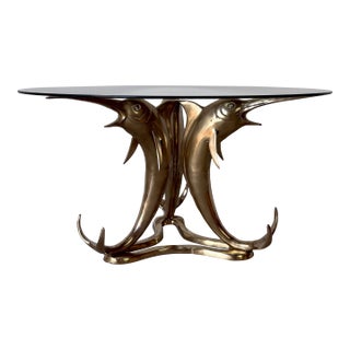 Vintage Solid Brass Marlin Fish Coffee Table With Glass Top For Sale