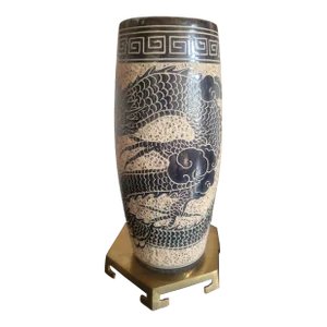 Vintage Mid 20th Century Vase With Blue Dragon Pattern