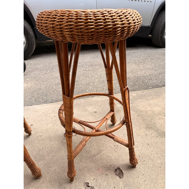 Pair of Wicker Vintage Bar Stools For Sale - Image 9 of 12