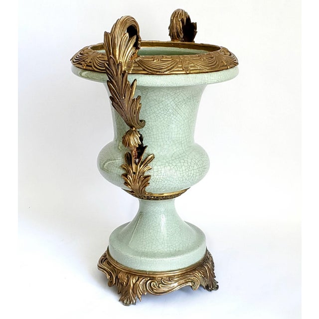 Metal Vase Celadon Green Crackle & Ormolu - Extra Large For Sale - Image 7 of 12