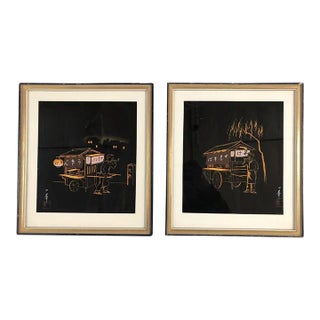 Mid 20th Century Black and Gold Rickshaw Japanese Style Scenic Signed, Pair For Sale