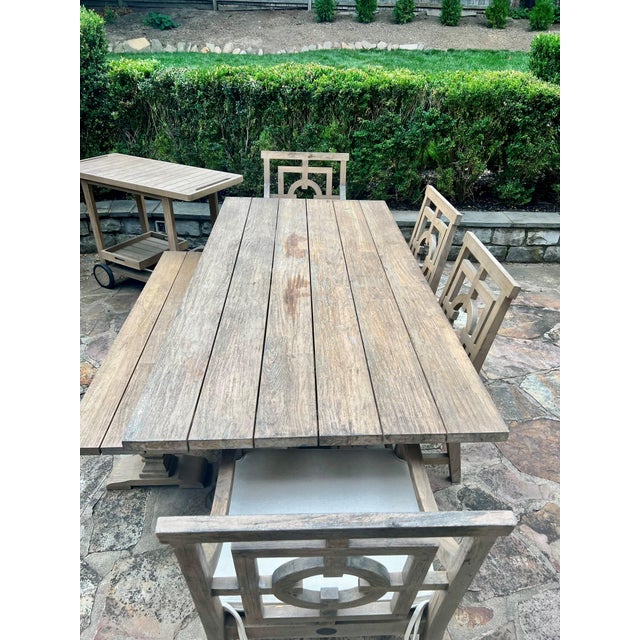 Arhaus Hamptons Outdoor Teak Dining Set – 84" Table, Bench, 4 Chairs, Beverage Cart & Cushions For Sale - Image 14 of 15