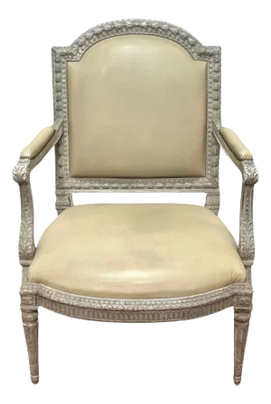 French Louis XVI Neoclassical Stye Silvered Leather Armchair / Bergere